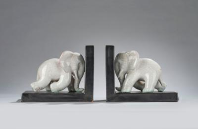 A pair of book ends with elephants, model number 431, Keramia, Znojmo - Jugendstil and 20th Century Arts and Crafts