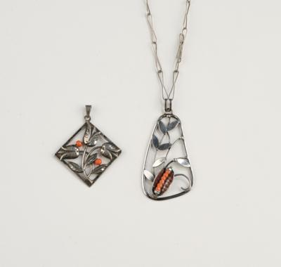 A silver pendant and chain, and a silver pendant with floral motifs and coral, as of May 1922 - Secese a umění 20. století