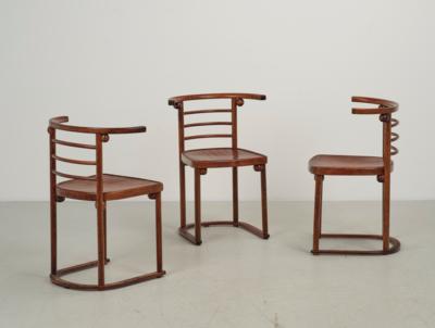 Josef Hoffmann, three chairs, draft variant for 'Cabaret Fledermaus', model number 728, designed in 1905, added to the catalogue in 1906, executed by Jacob & Josef Kohn, Vienna - Jugendstil e arte applicata del XX secolo