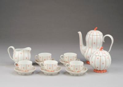 Josef Hoffmann, a mocha service in melon shape for five persons, designed in 1929, form number 15, decoration: "Red lines..., interspersed with stars", designed by Edwin Breideneichen, pattern number 6501, the pattern designed in around 1950 - Jugendstil and 20th Century Arts and Crafts