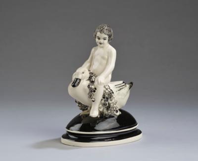 A boy riding a duck, with a garland of flowers, model number 1096, Wiener Kunstkeramische Werkstätte (WKKW), c. 1912/14 - Jugendstil e arte applicata del XX secolo