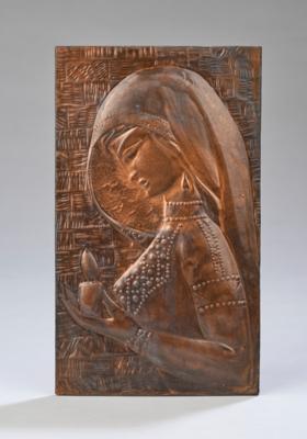 A copper relief with profile portrait of a woman with candle, c. 1900 - Secese a umění 20. století