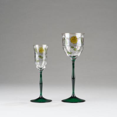 A liqueur glass and a southern wine glass with enamelled stylised flower tendrils, c. 1900 - Secese a umění 20. století