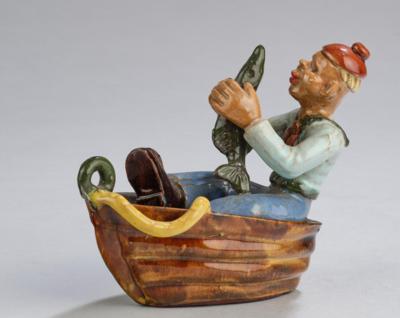 Stephan Coneye (Vienna, 1907-1978), a man in a boat with a large fish (“Fischer”), Werkstätte Coneye, Vienna - Jugendstil and 20th Century Arts and Crafts