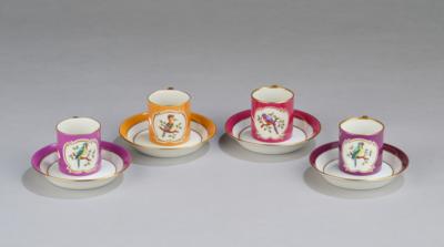 Four mocha cups with saucers, form: Habsburg, form number 59, with diverse birds, pattern number 5312 A/B and C, Vienna Porcelain Manufactory Augarten, after 1945 - Secese a umění 20. století