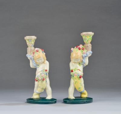 Two putti with cornucopias, floral garlands and candle or lamp holders, model number 1809 and 1820, Wiener Kunstkeramische Werkstätte (WKKW), c. 1912 - Secese a umění 20. století