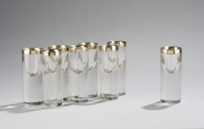 Eight tall liqueur glasses with silver mount, in the manner of Adolf Loos, probably E. Bakalowits  &  Söhne, c. 1900 - Jugendstil e arte applicata del XX secolo