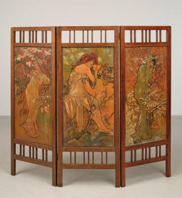 Dreiteiliger Wandschirm (Paravent), mit Motiven nach dem Vorbild von Alphonse Mucha aus dem Jahr 1896 aus den "Jahreszeiten": Frühling, Sommer und Winter - Kleinode des Jugendstils & Angewandte Kunst des 20. Jahrhunderts