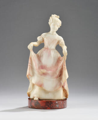 E. Tell, an alabaster figurine: a Biedermeier girl standing (lifting her dress slightly and looking to the left), model number 4656, designed in around 1904/05, executed by Wiener Manufaktur Friedrich Goldscheider, by 1913 - Secese a umění 20. století