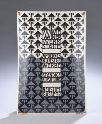 Emailleschild: Wiener Werkstätte - Modernes Kunstgewerbe - Ständige Ausstellung - Neustiftgasse 32, Emailwerk Steg, Wien XVI, spätere Ausführung - Kleinode des Jugendstils & Angewandte Kunst des 20. Jahrhunderts