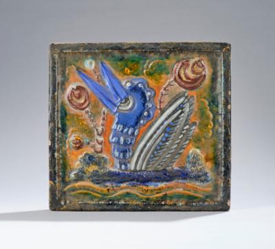 A large tile with a stylised bird and floral motifs in bas-relief, Schleiss, Gmunden - Jugendstil and 20th Century Arts and Crafts