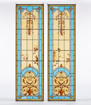 A pair of tall stained glass windows with painted Empire motifs and leaves, c. 1900/1920 - Secese a umění 20. století