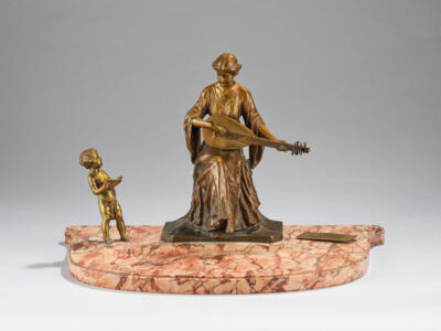 Richard Thuss, a visiting card tray with a mandolin player and a singing putto, Argentor, Vienna, c. 1900/20 - Jugendstil and 20th Century Arts and Crafts