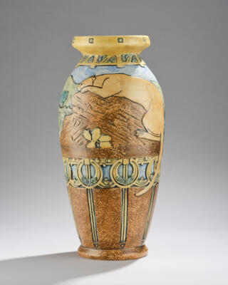 A vase with river landscape and cat motif, Amphora Werke Riessner, Stellmacher & Kessel, Czechoslovakia, Turn-Teplitz, c. 1918-38 - Secese a umění 20. století