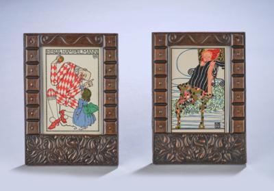 Two postcards from the Wiener Werkstätte in display frames: postcard no. 631 (1912) by Susi Singer and postcard no. 494 “Herr Hampelmann” (1911) by Josef Divéky - Secese a umění 20. století