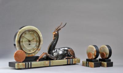 A large Art Deco mantel clock with a seated antelope and two matching book ends, c. 1925/30 - Secese a umění 20. století