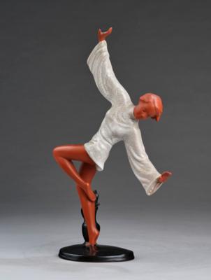 Josef Lorenzl, a figurine “Klassischer Tanz”/”Bewegung” (female dancer posing on one leg, her arms outstretched, on an oval pedestal), model number 8654 F, designed in around 1940, executed by Goldscheider - Jugendstil and 20th Century Arts and Crafts