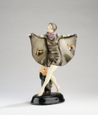 Josef Lorenzl (Vienna, 1892-1950), a figurine “Gefangener Vogel” (The Captive Bird, Niddy Impekoven) on an oval plinth, model number 5230, designed in around 1922, executed by Wiener Manufaktur Friedrich Goldscheider, by c. 1941 - Jugendstil and 20th Century Arts and Crafts