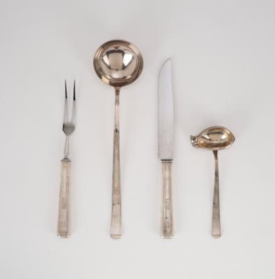 Josef Maria Olbrich, four pieces from the cutlery set, model number 2000, designed in 1901, consisting of: soup ladle, sauce spoon, carving fork and carving knife, Clarfeld & Springmeyer, Hemer - Jugendstil e arte applicata del XX secolo