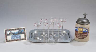 A tray with six liqueur glasses, a postcard and a covered jug (beer mug), for the "First International Hunting Exhibition Vienna 1910", tray and glasses, attributed to Otto Wagner, executed by August Filzamer, Vienna - Jugendstil e arte applicata del XX secolo
