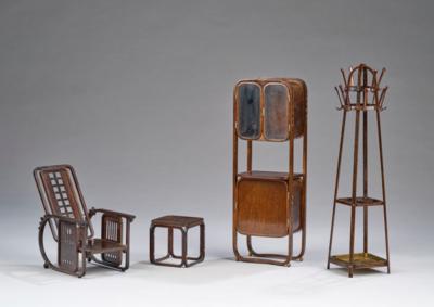 Four miniature pieces of furniture: replicas of a display cabinet, a wardrobe, a stool and a seating machine, Galerie Ambiente, Vienna - Jugendstil and 20th Century Arts and Crafts