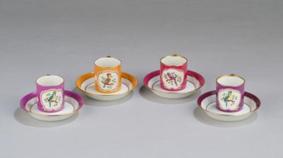 Four mocha cups with saucers, form: Habsburg, form number 59, with diverse birds, pattern number 5312 A/B and C, Vienna Manufactory Augarten, after 1945 - Jugendstil and 20th Century Arts and Crafts