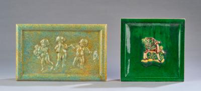 Two ceramic tiles: an oblong tile with three putti and a square tile with a stag, c. 1920 - Secese a umění 20. století