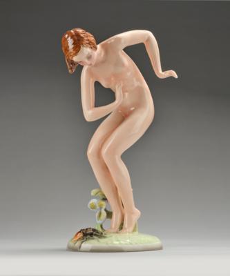 “Hirschkäfer” (standing female nude with stag beetle) on a landscape base, model number 8756, designed in around 1942, executed by Wiener Manufaktur Josef Schuster, formerly Friedrich Goldscheider, as of 1941 - Secese a umění 20. století