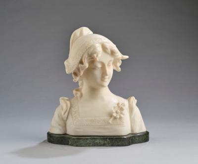 An alabaster bust of a female figure with hat, c. 1900 - Secese a umění 20. století