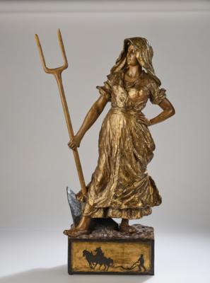 Ciseau, a large sculpture of a female farmer, model number 2831, Wiener Manufaktur Friedrich Goldscheider, by 1920 - Jugendstil and 20th Century Arts and Crafts