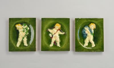 Three tiles with putti depictions, in the style of Michael Powolny, probably for Sommerhuber: Cupid, Spring and Autumn, c. 1915/20 - Jugendstil e arte applicata del 20 secolo