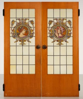 A pair of doors with stained glass windows with painted female figures in profile, surrounded by volutes, vegetal and floral motifs, c. 1900/20 - Secese a umění 20. století