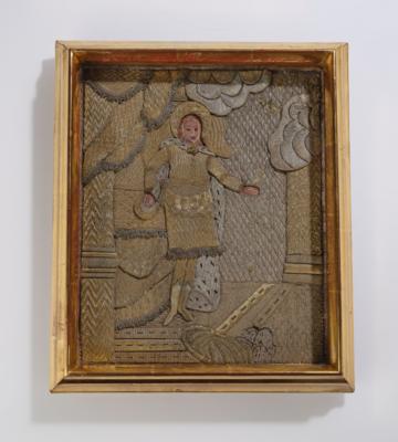 A frame with a silver and gold thread embroidery: depiction of a female figure, frame probably by Max Welz, Vienna - Jugendstil e arte applicata del 20 secolo