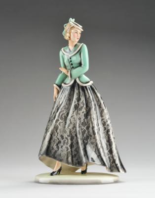 A striding lady with hat, short top and long skirt on an oval base, model number 8660, designed in around 1940,executed by Wiener Manufaktur Friedrich Goldscheider, by c. 1941 - Secese a umění 20. století