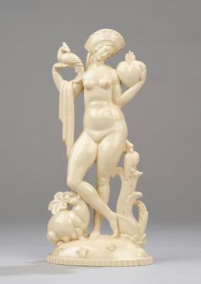 Willibald (Willy) Russ, a female figure with flaming heart, sheep and birds, model number 1683, Werkstätten Karau, Vienna, c. 1919-25 - Jugendstil and 20th Century Arts and Crafts