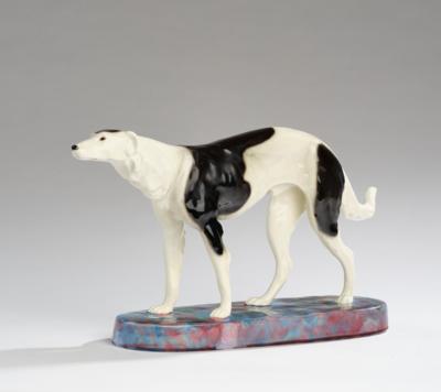 Latour, (Louis-Marie-Blaise?), a standing greyhound, model number 4187, designed in around 1911/12, executed by Wiener Manufaktur Friedrich Goldscheider, by c. 1941 - Jugendstil e arte applicata del XX secolo