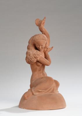 Nelly Pollak, fa emale semi-nude with bird, France, c. 1930 - Jugendstil e arte applicata del XX secolo