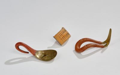 A pipe stand, model number 3166, corkscrew with raffia, model number 3414, candleholder with handle, model number 3433, Carl Auböck, Vienna, c. 1960 - Jugendstil e arte applicata del XX secolo