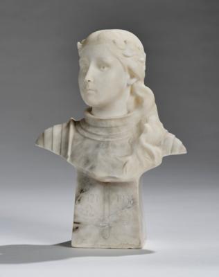 An alabaster bust: Jeanne d’Arc (Joan of Arc), Wiener Manufaktur Friedrich Goldscheider, by c. 1922 - Secese a umění 20. století