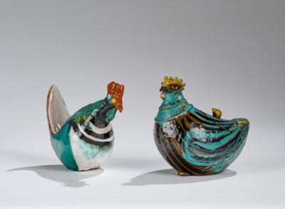 A rooster box and a hen lidded box, Schleiss Keramik, Gmunden, after 1926 - Jugendstil e arte applicata del XX secolo