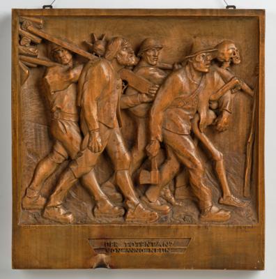 Großes Holzrelief: "Der Totentanz von Anno Neun", nach Vorlage von Albin Egger-Lienz aus dem Jahr 1908, spätere Ausführung von Konstantin Verra, 1944 - Secese a umění 20. století