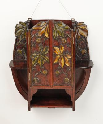 A small wall cabinet (pharmacy cabinet) with carved chestnut and chestnut leaf decor, c. 1900/10 - Jugendstil and 20th Century Arts and Crafts