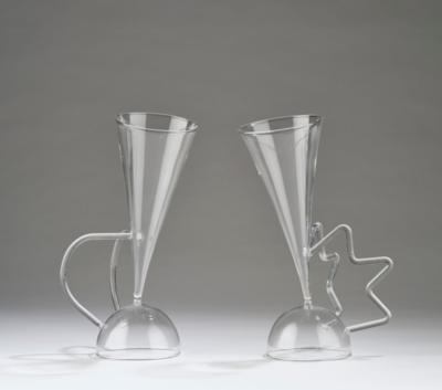 Matteo Thun, two different, varying champagne and wine glasses with round and serrated handles, J. & L. Lobmeyr, Vienna - Jugendstil and 20th Century Arts and Crafts