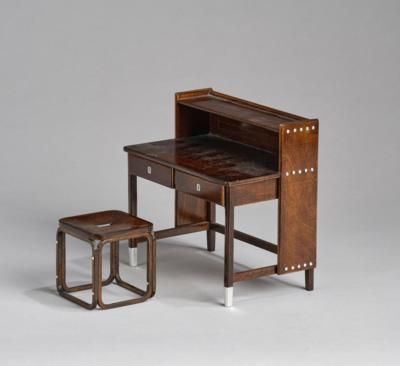 Otto Wagner, two miniature pieces of furniture: replicas of a writing desk for the Österreichische Postsparkasse with stool, model number 8159/1 and 4746, original designs c. 1902/05, executed by Galerie Ambiente, Vienna - Secese a umění 20. století