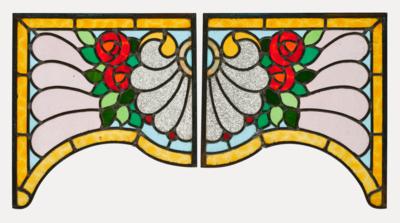 A pair of stained glass windows with rose décor and arabesque forms, c. 1900/1920 - Secese a umění 20. století