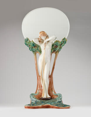 An “Iris” mirror (a standing female nude with shawl before two trees), based on model number 2543, there no. 88, Worldwide Limited Edition, no. 35/1000, Peter Goldscheider, Stoob, 1992 - Jugendstil and 20th Century Arts and Crafts