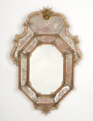 A Venetian wall mirror with applied floral motifs and engraved Baroque-style elements - Jugendstil e arte applicata del XX secolo