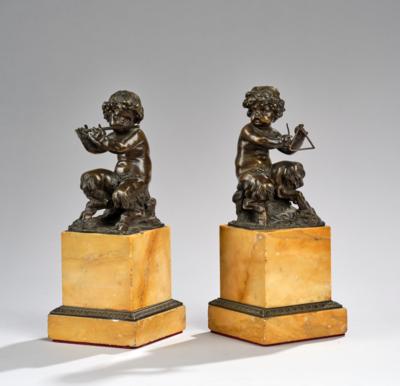 Two bronze figures: music-making fauns, c. 1900 - Secese a umění 20. století