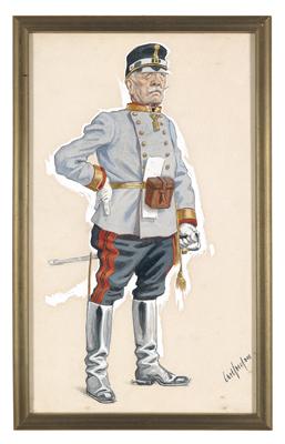 Gerahmte und verglaste, aquarellierte Zeichnung - Historische Waffen, Uniformen, Militaria