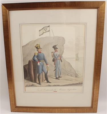 Gerahmte und verglaste, handkolorierte Lithographie - Historische Waffen, Uniformen, Militaria